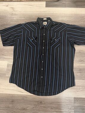 Ely Cattleman Mens 3XLT Black Blue Striped SS Pearl Snap Western Button-Up